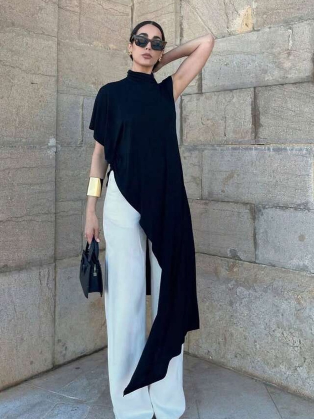 Women's Fashion Asymmetric Pleated Solid Color Asymmetrical Hem T-Shirt Summer